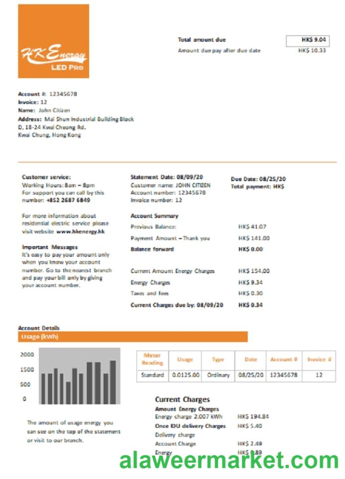 Hong Kong Energy Ltd utility bill